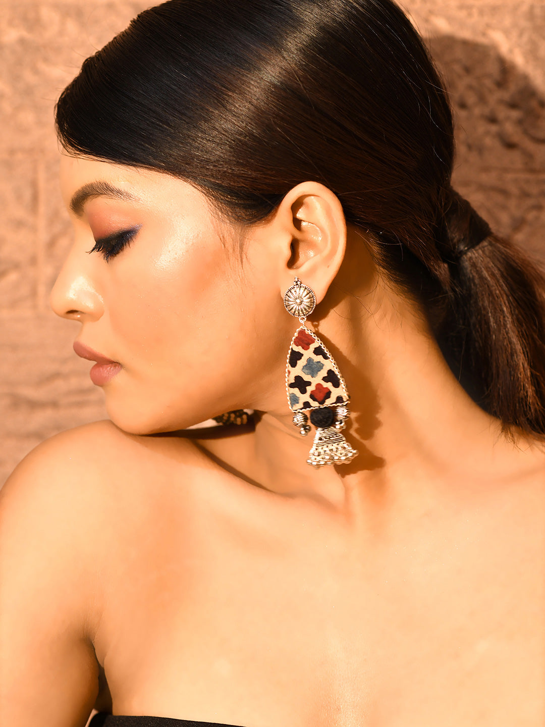 Women Black checkered Jhumka fabric Earrings-3