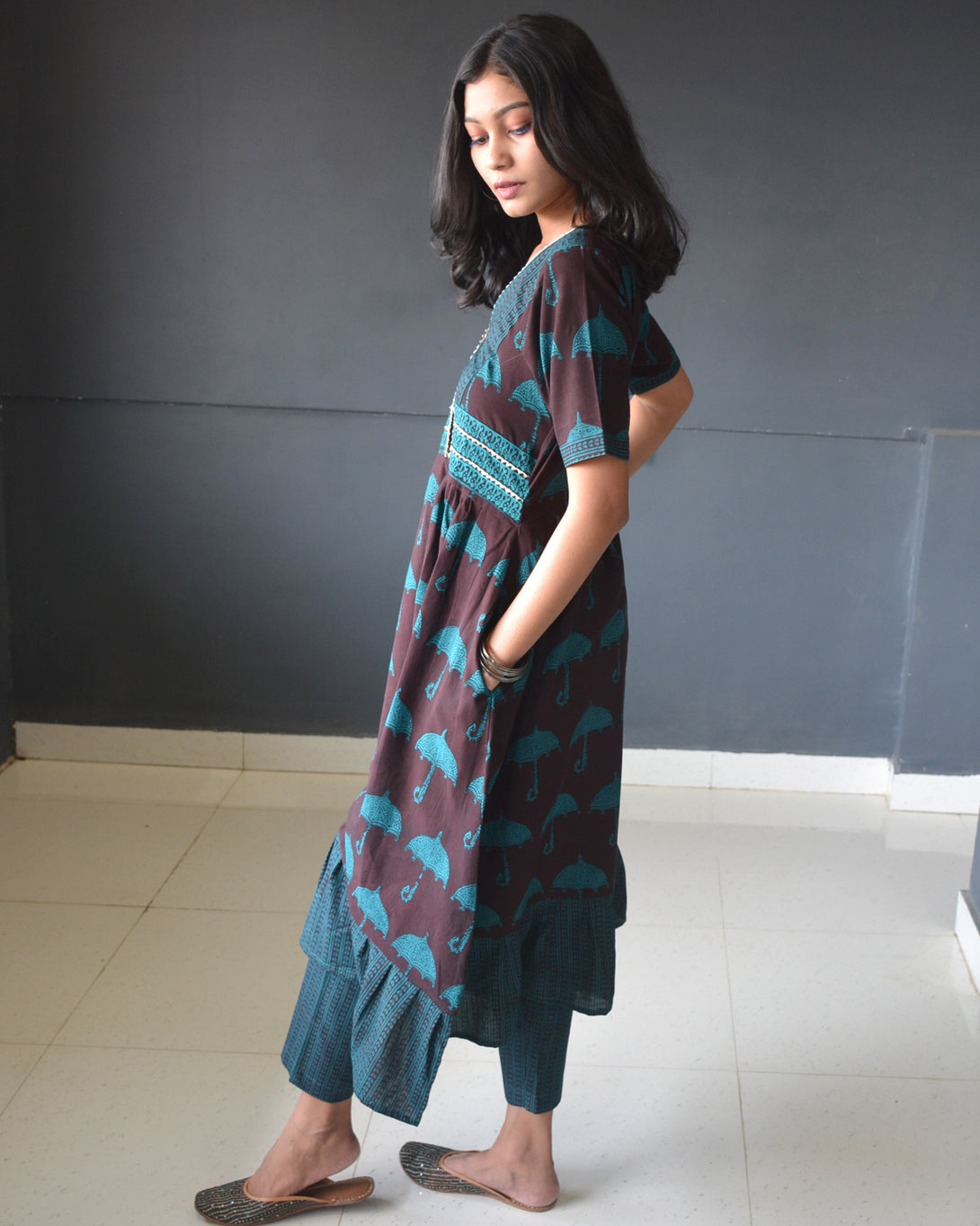 Anokhi Brown Bagh Print Frock style Cotton Kurta Pant Set For Women-5