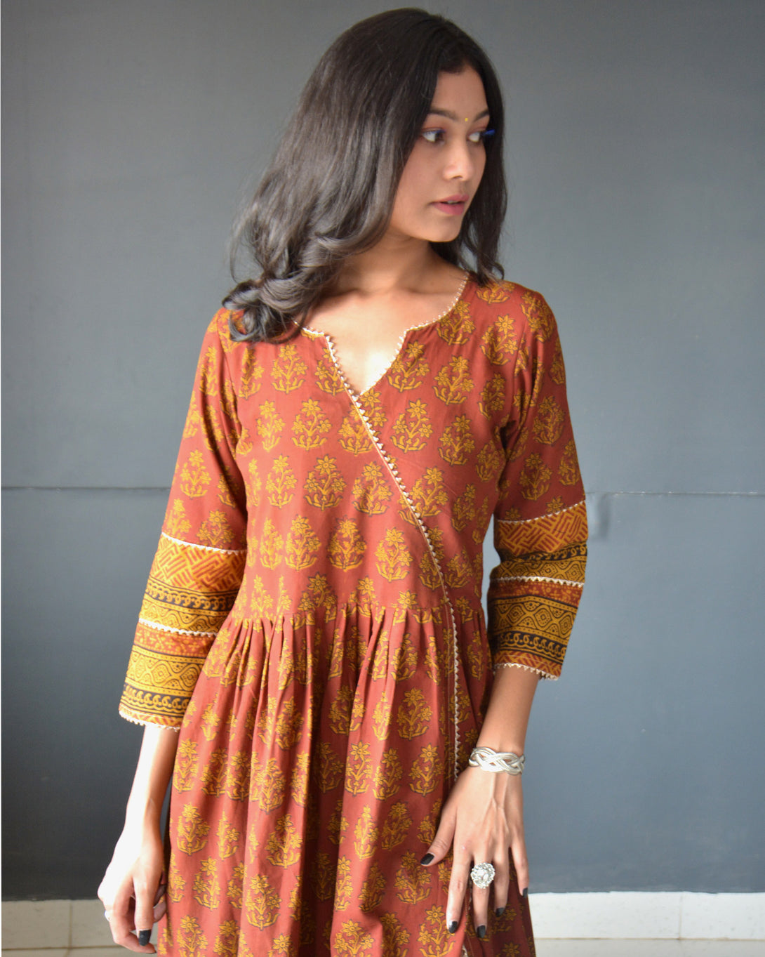 Anokhi Maroon Yellow Cotton Frock Style Bagh Print Kurta Pant Set For Women-7