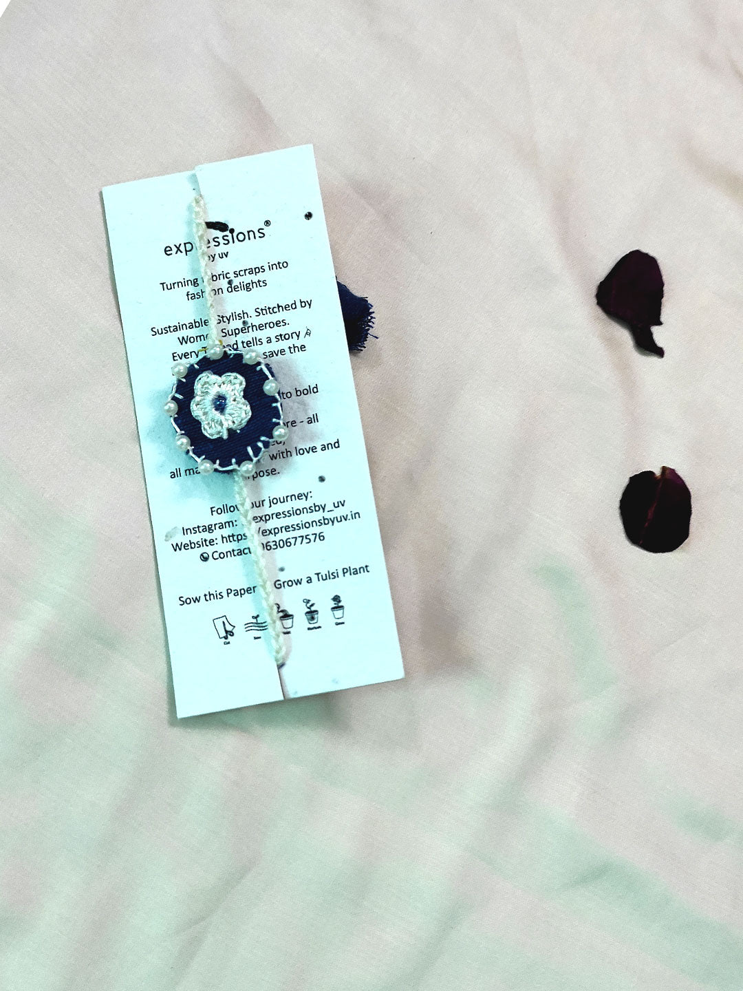 Blue moon handmade crochet rakhi comes with tulsi seed tag 