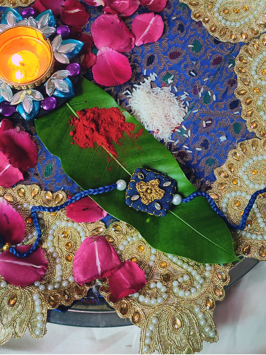 Indigo blue rakhi with crochet details for your Bhai
