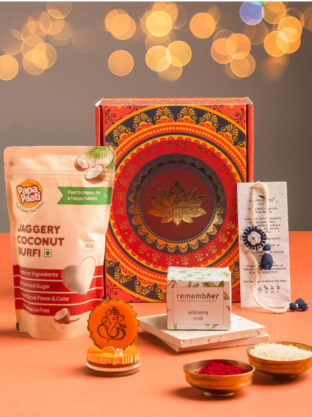 Unique adult Gift hamper for Rakhi for your best bhai.  Each element is thoughtfully curated with love. It comes with a Tulsi seed tag to see your love bloom years by years.