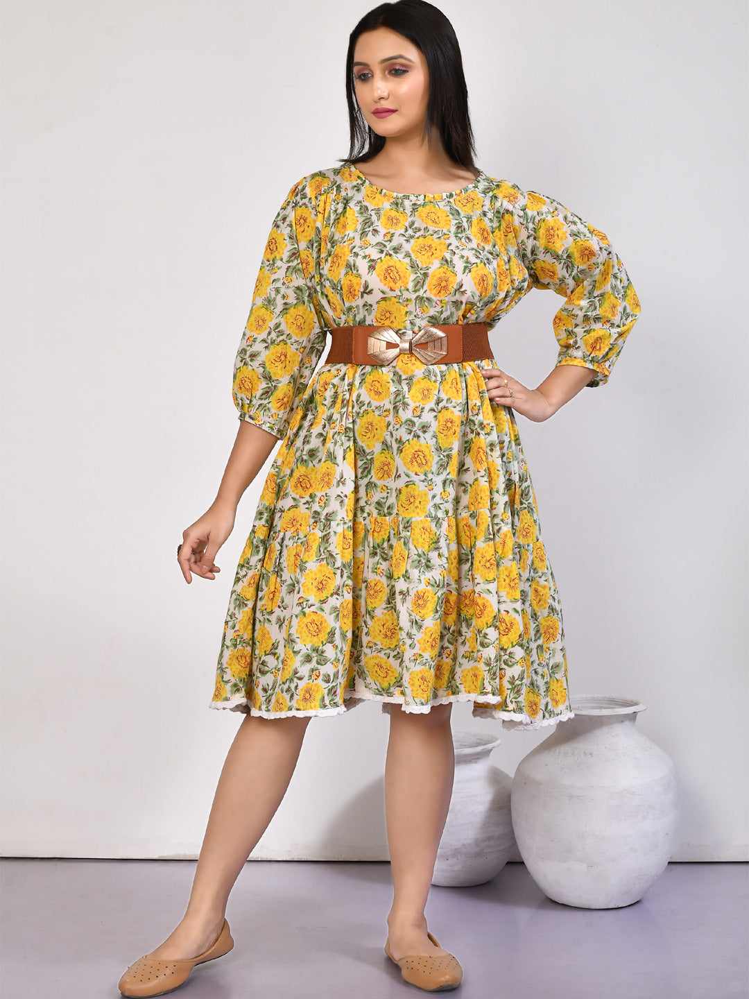 Ishya  handprinted floral tiered cotton midi dress perfect for summer holidays-2