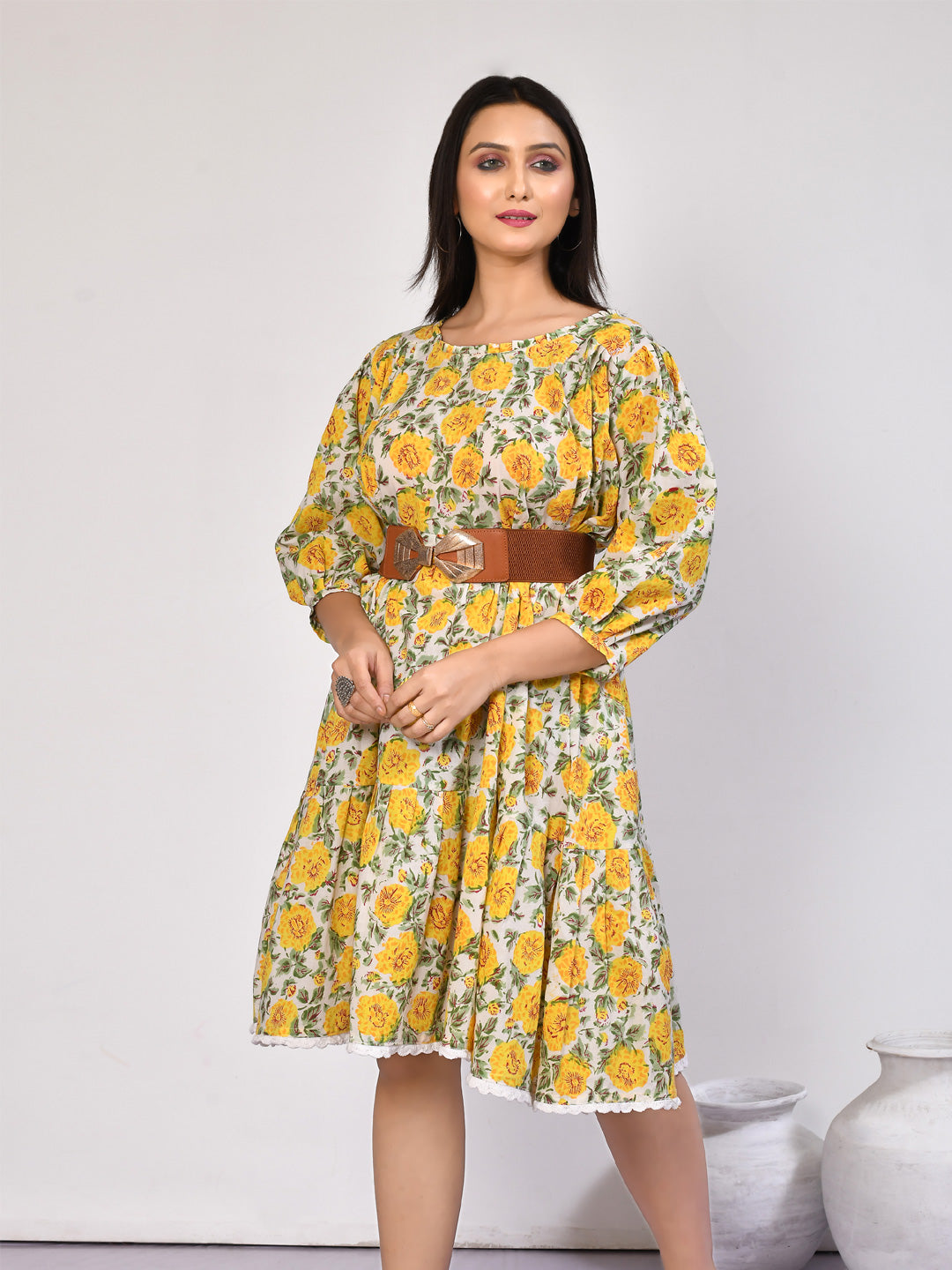 Ishya  handprinted floral tiered cotton midi dress, perfect for summer days-3