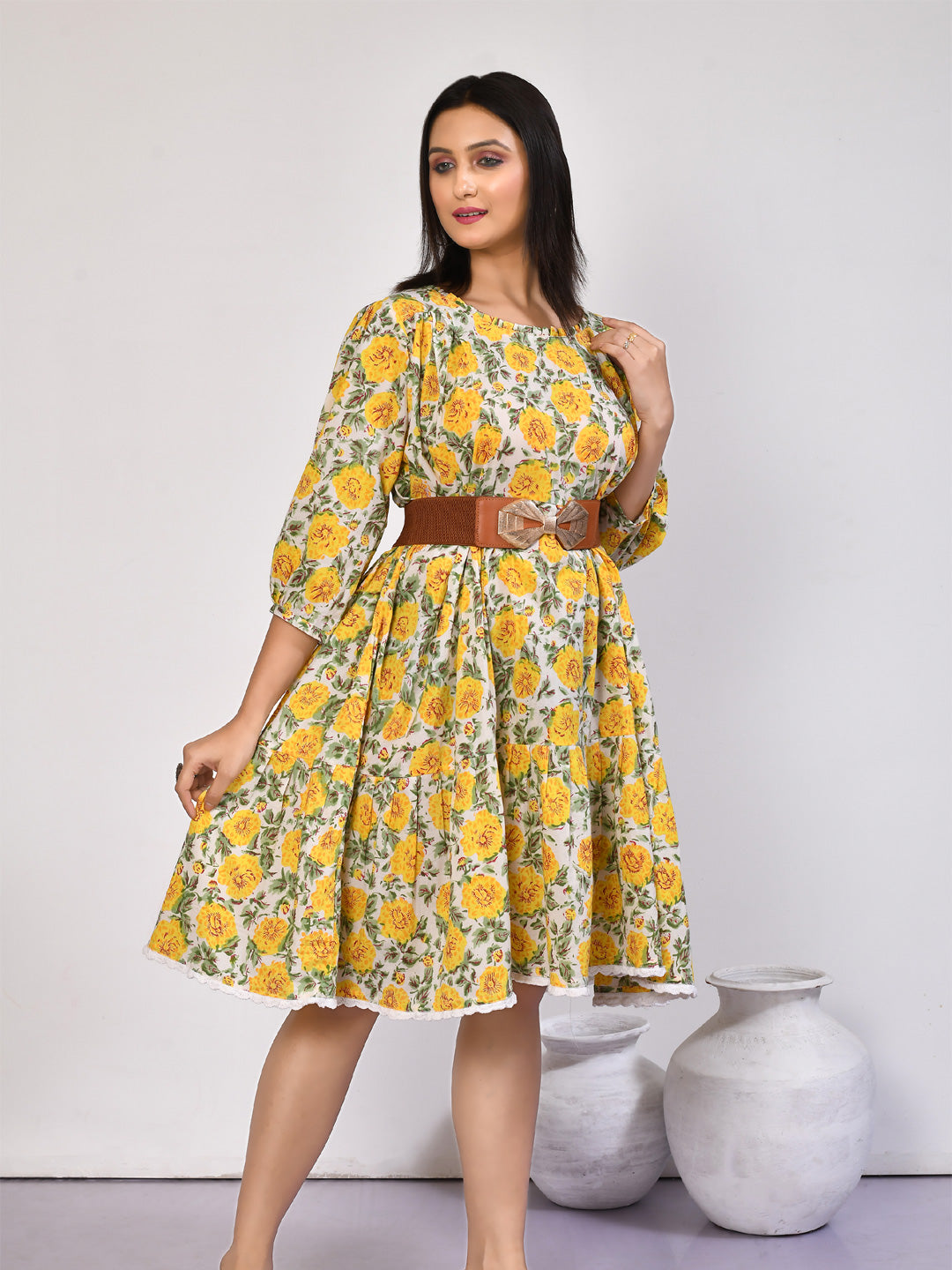Ishya floral tiered relaxed fit cotton midi dress for hot summer days-4