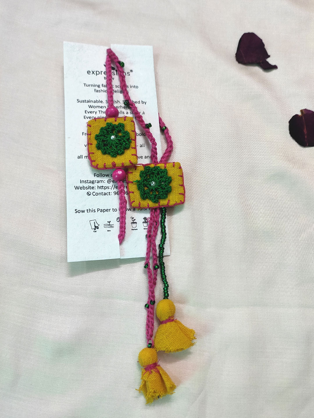 Handmade yellow green rakhi for your one of a kind bro! sow your love with ou seed paper tag and see it grow forever!