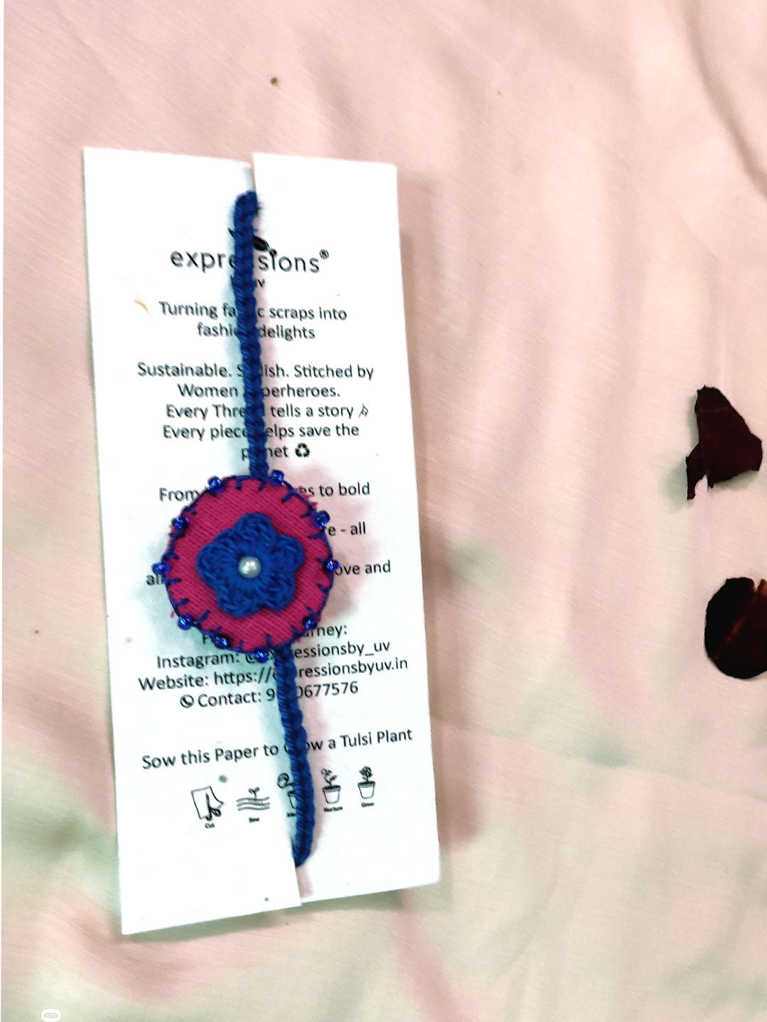 Pink crochet rakhi for yur best bro. comes with crochet, bead work and hand embroidery.