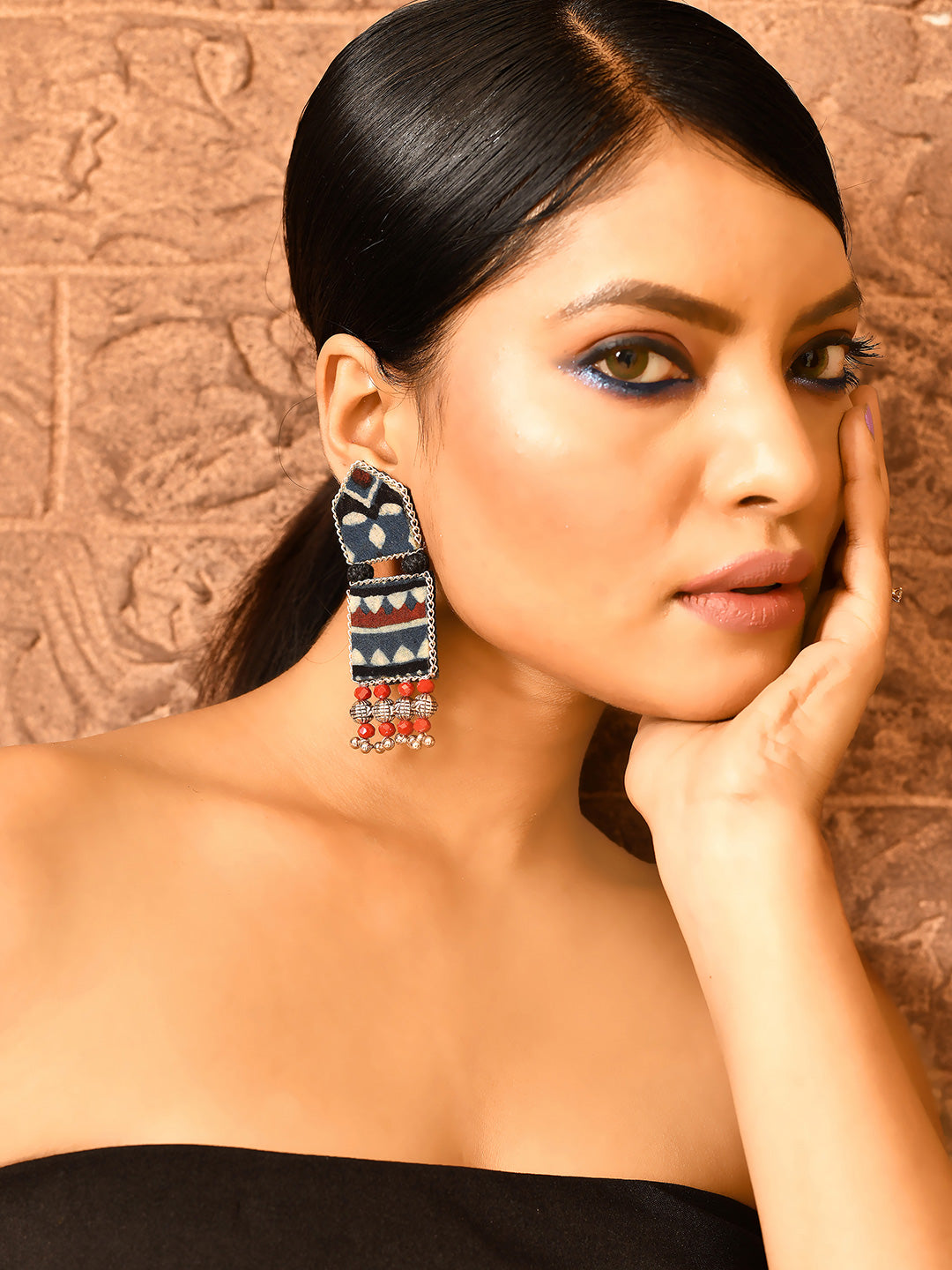 Women Panchkon indigo beaded statement earrings-2