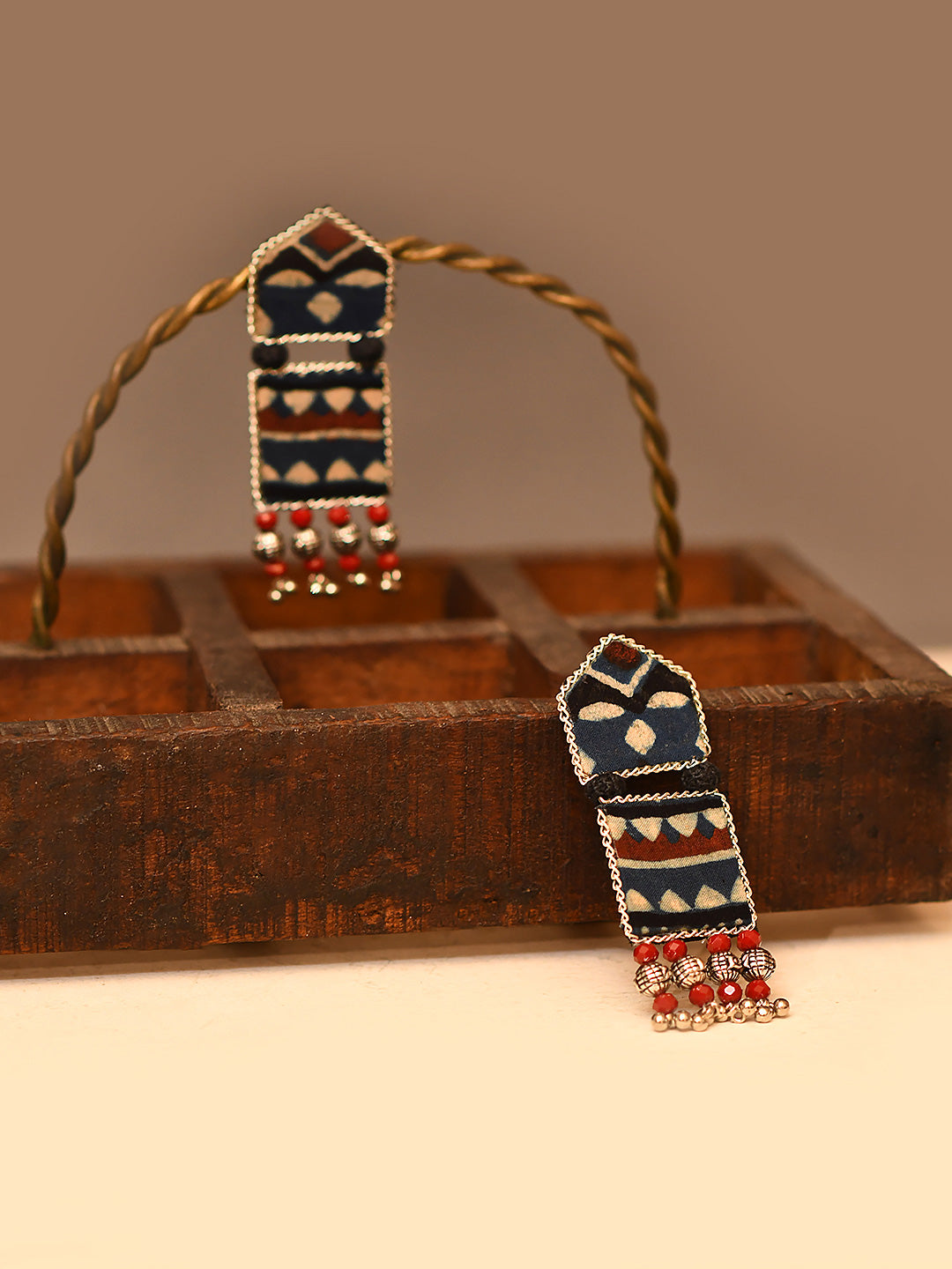 Women Panchkon indigo beaded fabric earrings-2