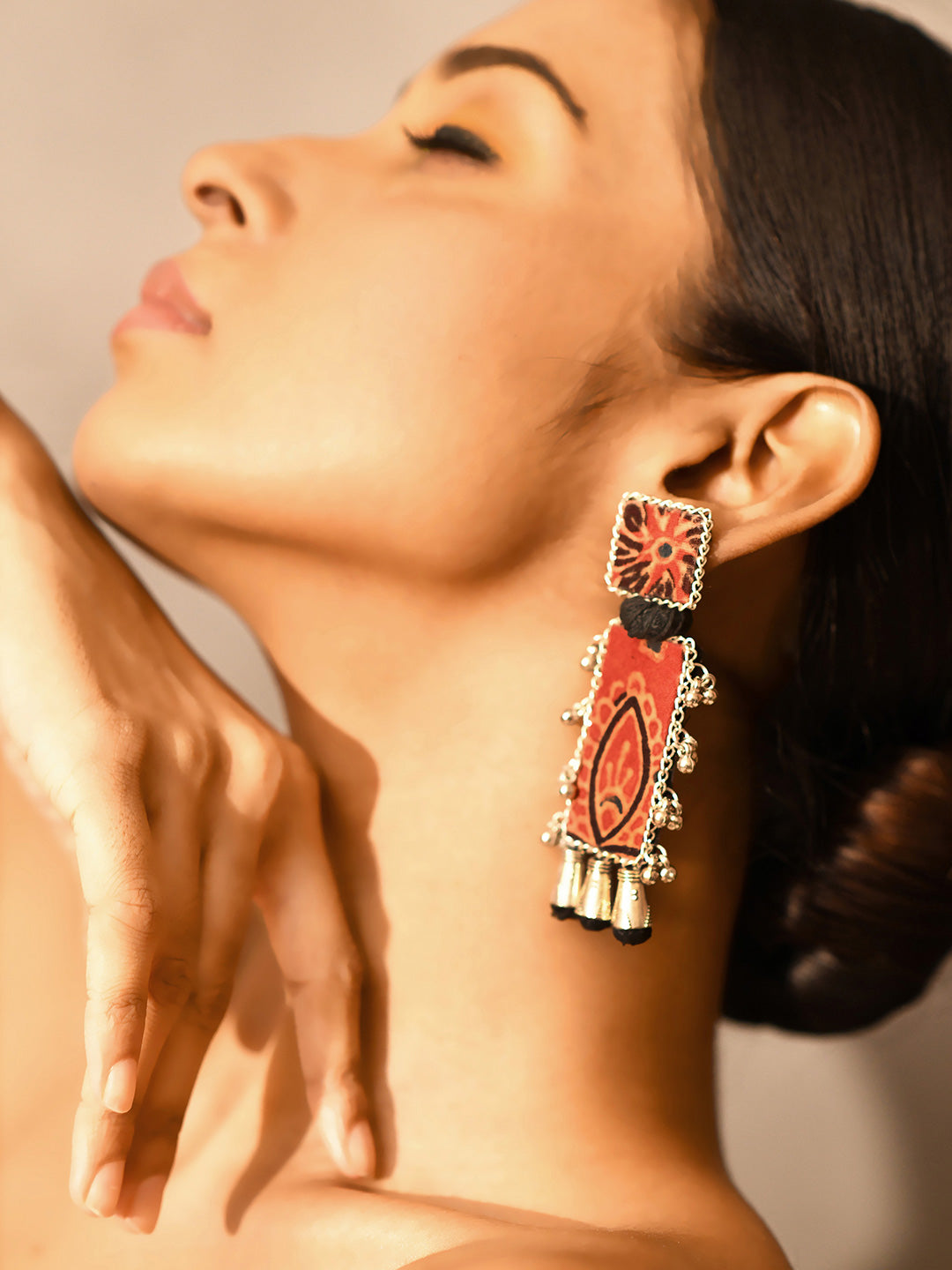 Women Red black handprinted fabric earrings-2