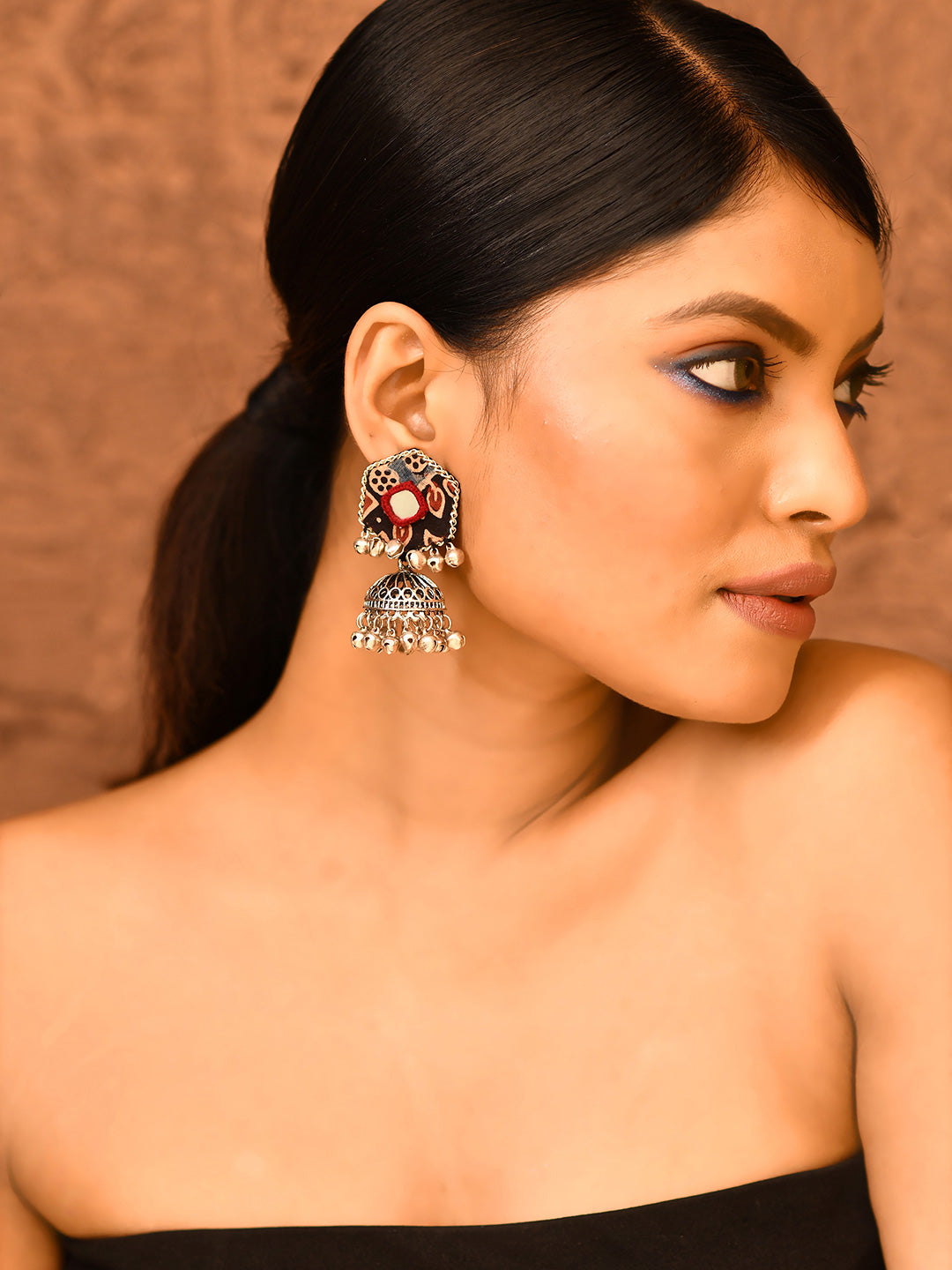 Women sathkon push back fabric  statement earrings-1