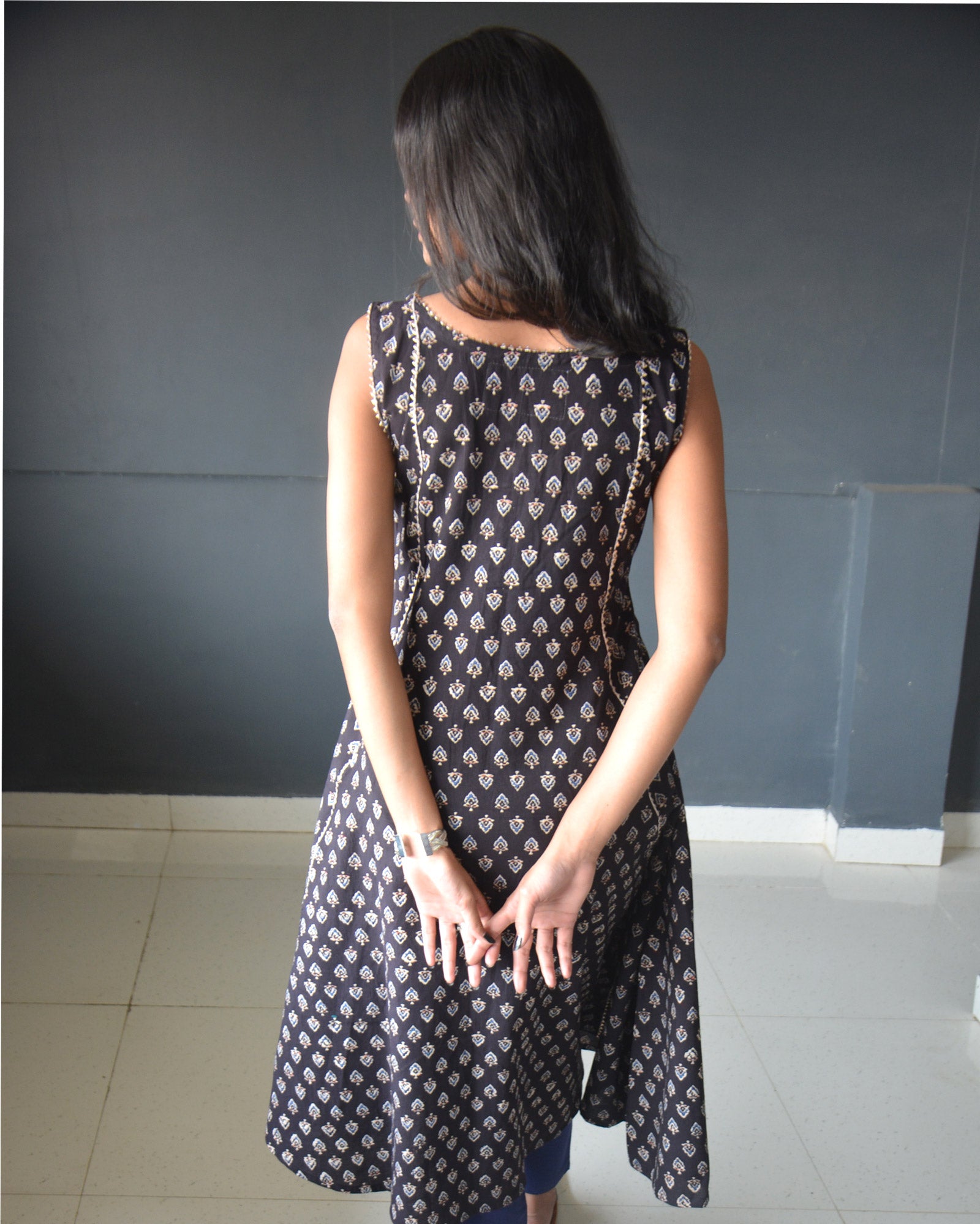Anokhi Black Ajrakh Print Kalidar Cotton Kurtis For Women-4