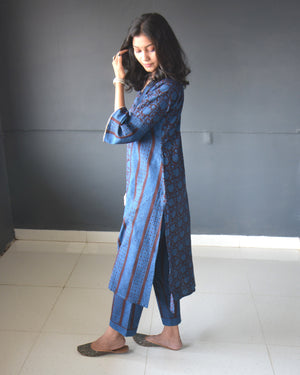 Anokhi Blue Bagh Print Cotton Kurta Pant Set For Women-3