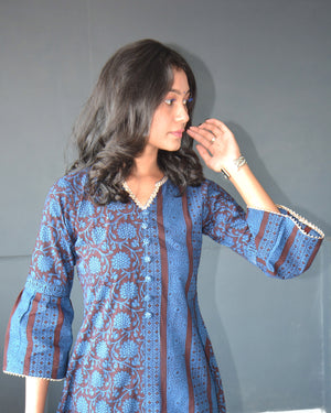 Anokhi Blue Bagh Print Cotton Kurta Pant Set For Women-4
