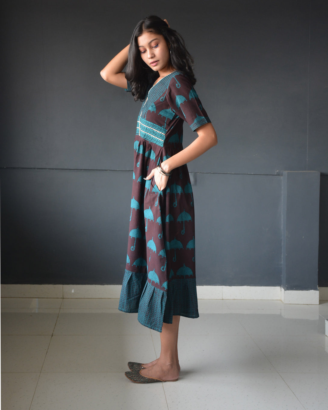 Anokhi Brown Bagh Print Frock style Cotton Kurta Pant Set For Women-3