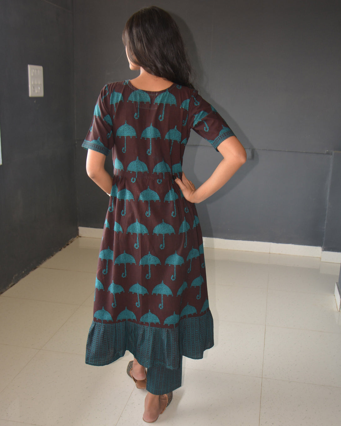 Anokhi Brown Bagh Print Frock style Cotton Kurta Pant Set For Women-7