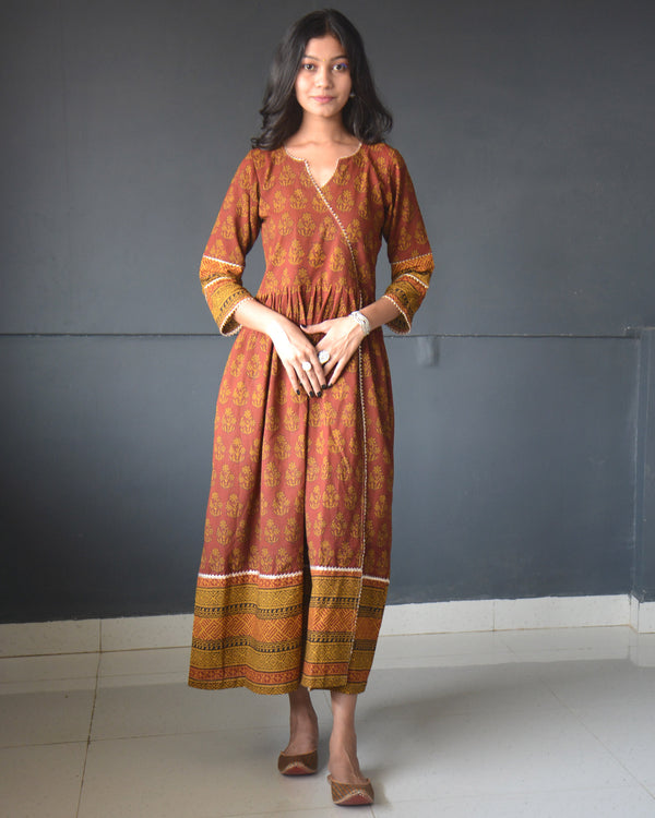 Anokhi Maroon Yellow Cotton Frock Style Bagh Print Kurta Pant Set For Women-1