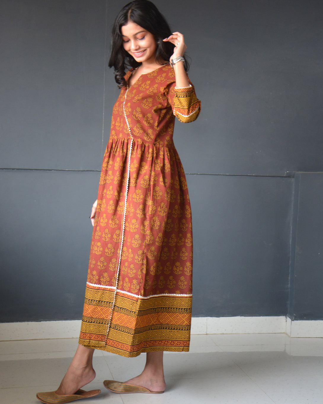 Anokhi Maroon Yellow Cotton Frock Style Bagh Print Kurta Pant Set For Women-2