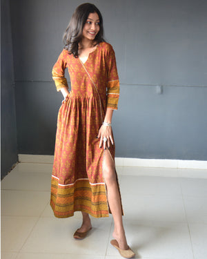 Anokhi Maroon Yellow Cotton Frock Style Bagh Print Kurta Pant Set For Women-3