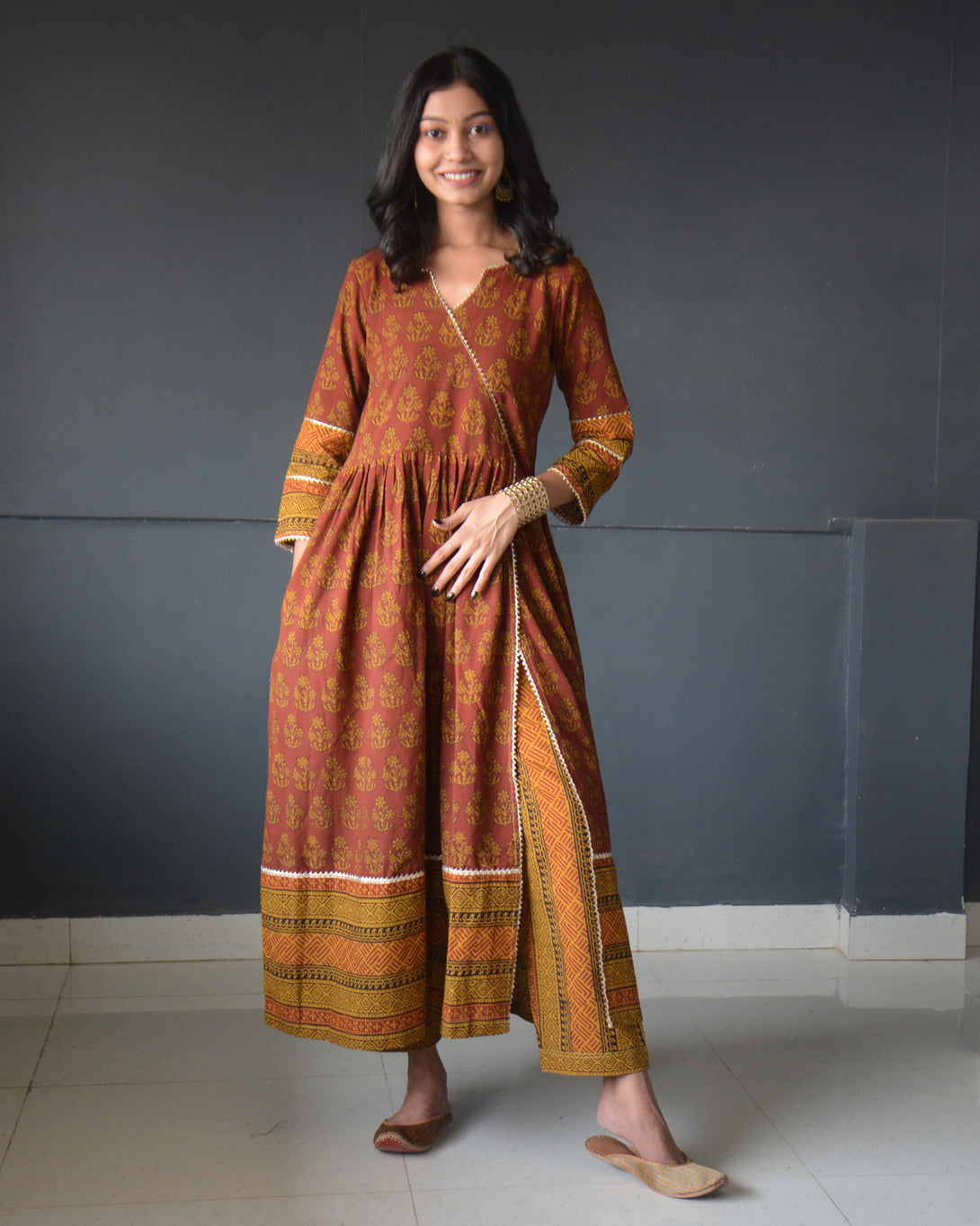 Anokhi Maroon Yellow Cotton Frock Style Bagh Print Kurta Pant Set For Women-4