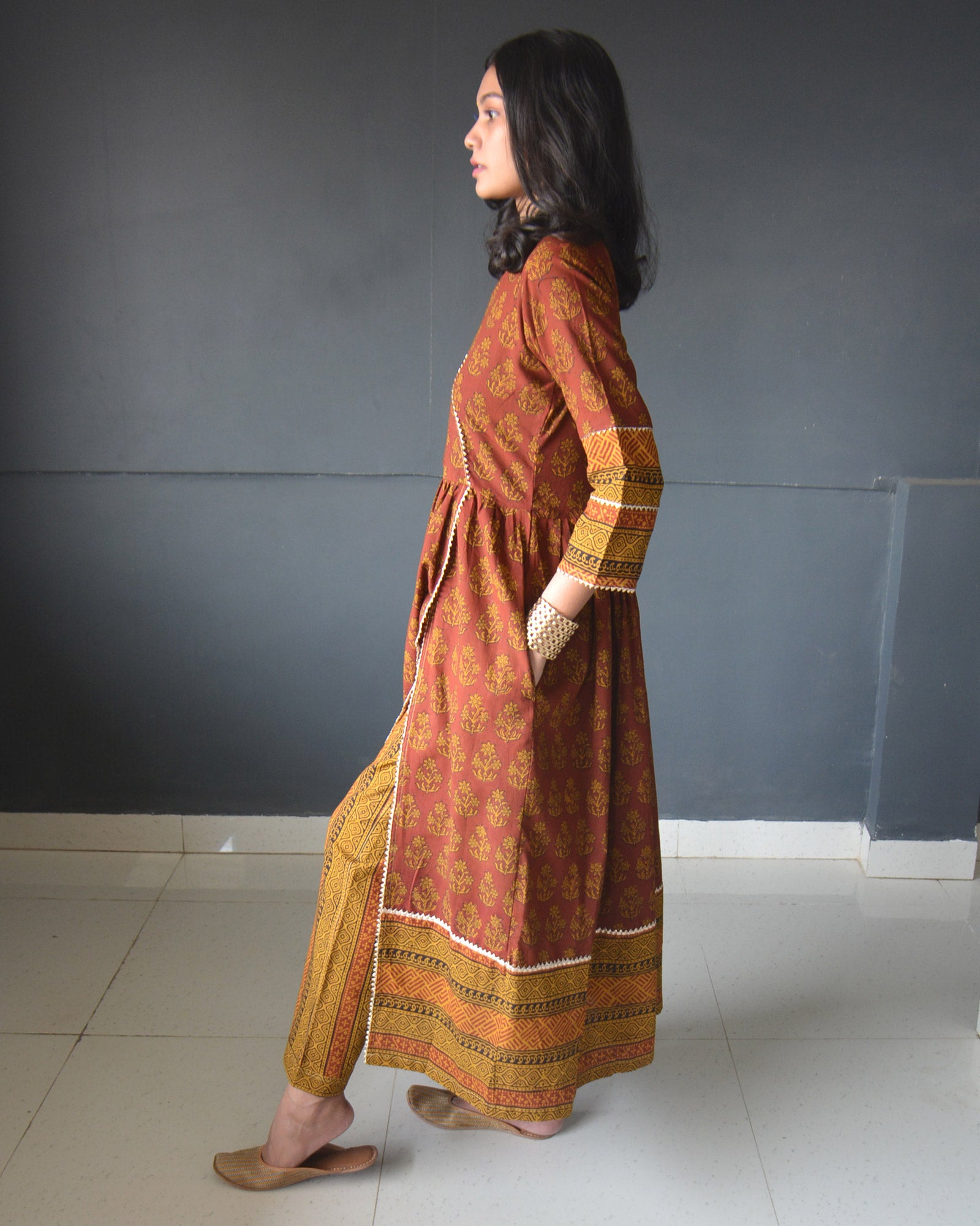 Anokhi Maroon Yellow Cotton Frock Style Bagh Print Kurta Pant Set For Women-5