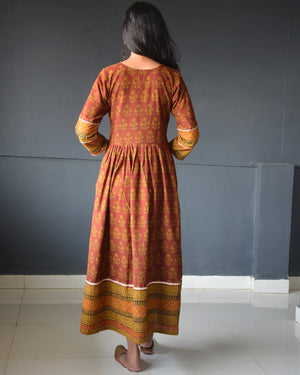 Anokhi Maroon Yellow Cotton Frock Style Bagh Print Kurta Pant Set For Women-6
