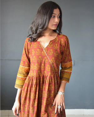 Anokhi Maroon Yellow Cotton Frock Style Bagh Print Kurta Pant Set For Women-7