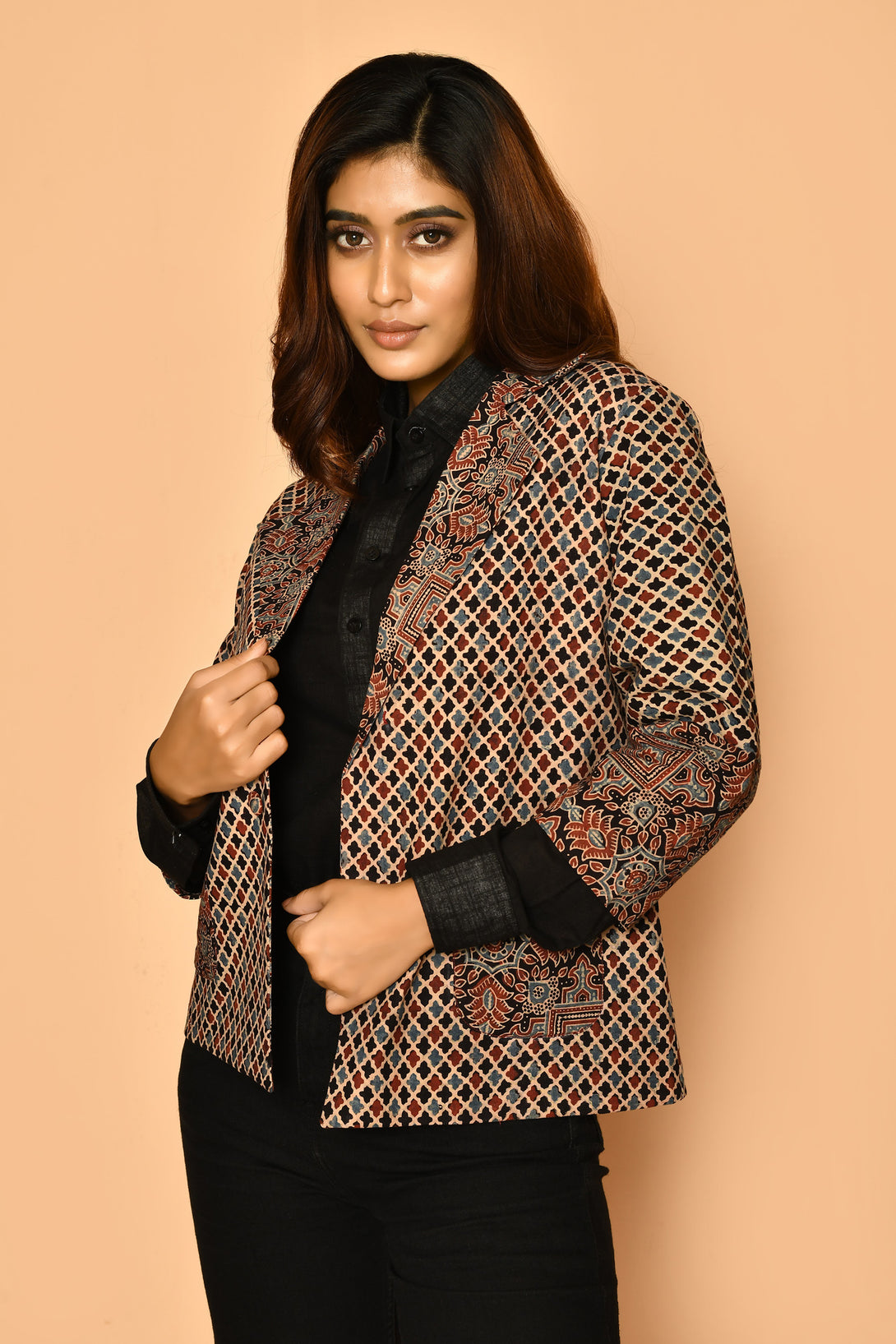 Buy best ladies office wear cotton jackets with Ajrakh prints