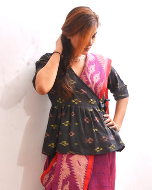Black Multicolor Juliet Ikkat Wardrobe Essential Women Cotton Peplum Top