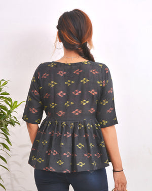 Black Multicolor Juliet Ikkat Wardrobe Essential Women Cotton Peplum Top