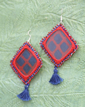 Blue Red Checks Handcrafted Beaded Earrings