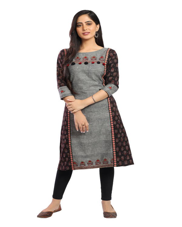 Grey Handloom Cotton Bagru Print Long Cotton Kurti