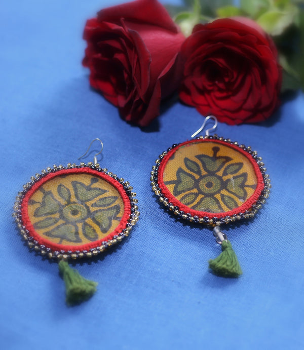 Yellow round beaded floral earrings