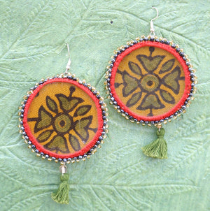 Yellow round beaded floral earrings