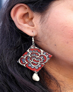 Blue Red Rose Rosette Handcrafted Dangler Earring