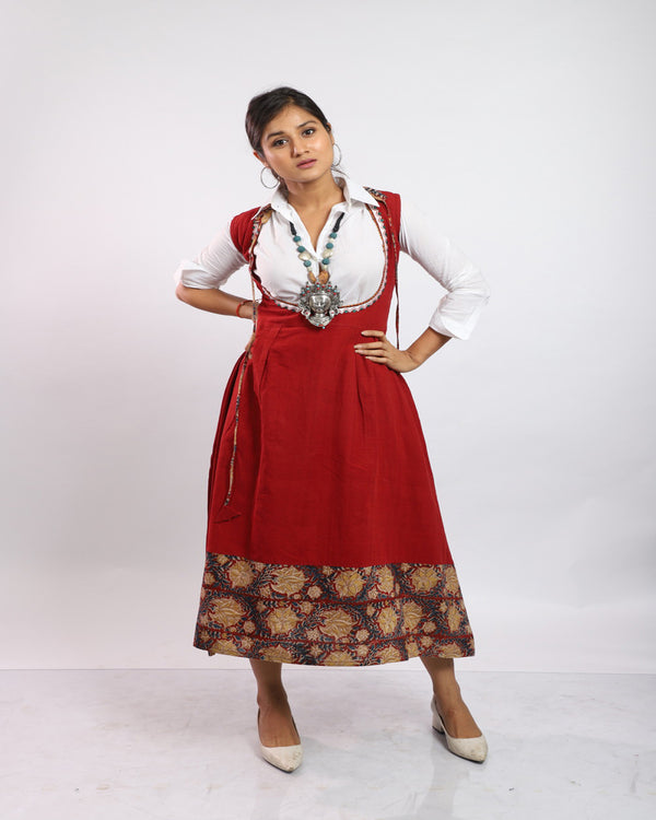 Red Long Frock Style Handwoven Cotton Kurti With Kalamkari