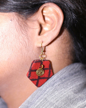 Red Black Pentagon Shape Handcrafted Upcycled Earrings