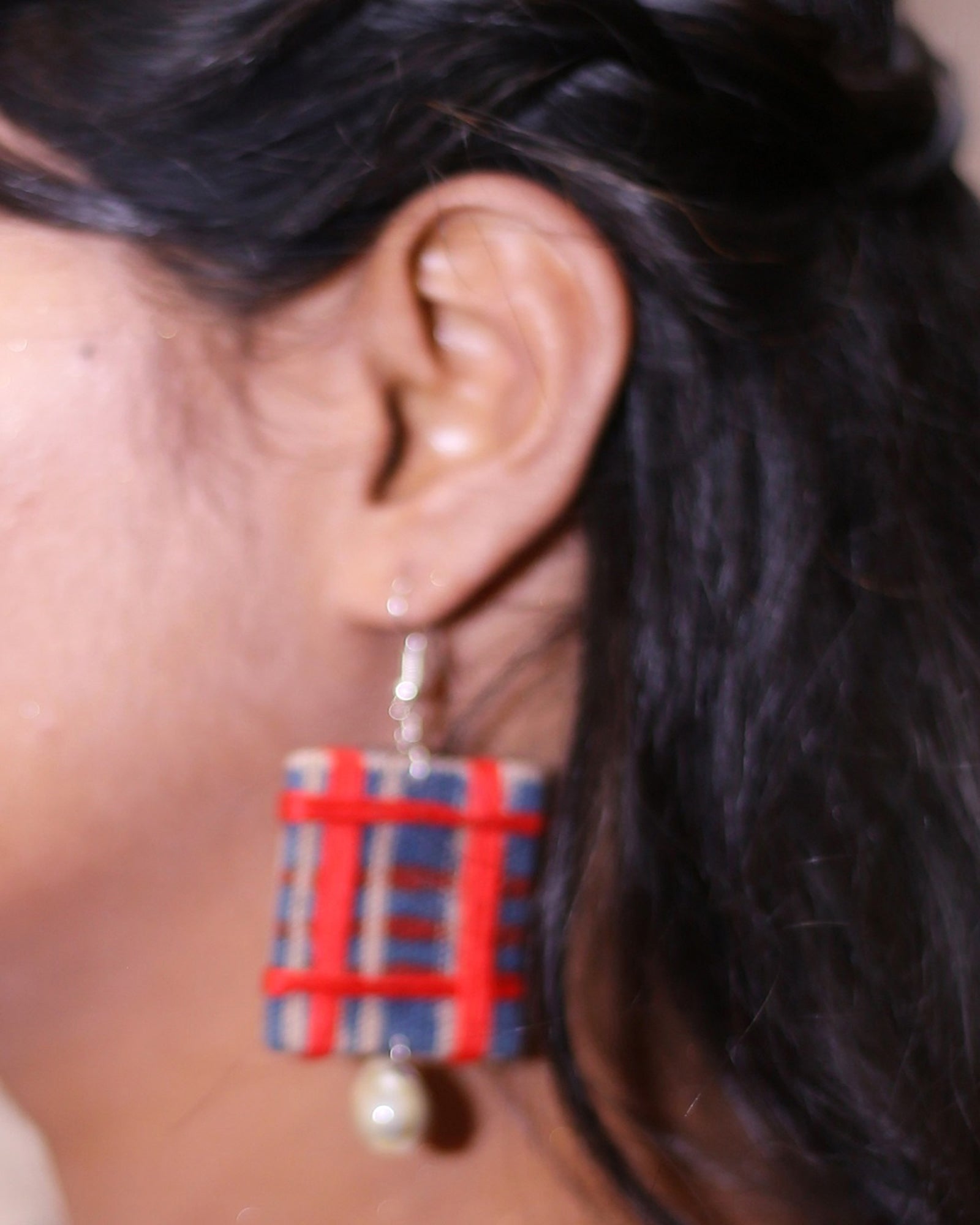 Indigo Red Uneven Checks Earrings