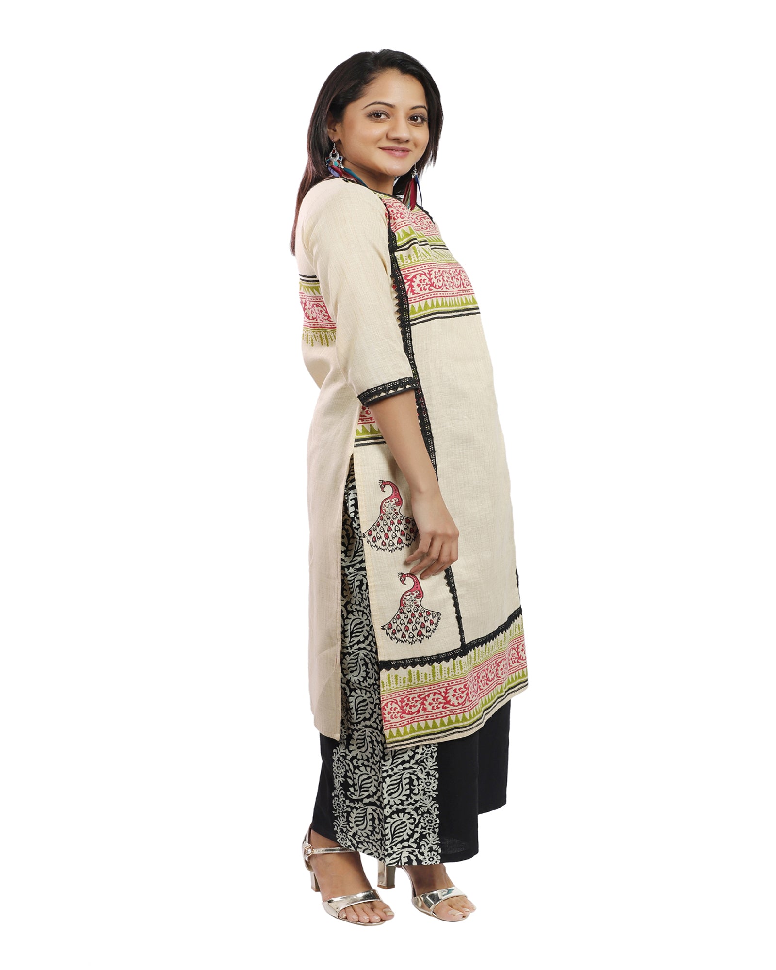 Creame Handloom Cotton  Block Printed Casual Kurta