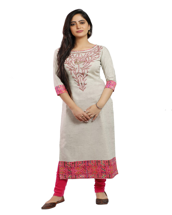 Off White Long Handloom Cotton Kurti With Hand Embroidery