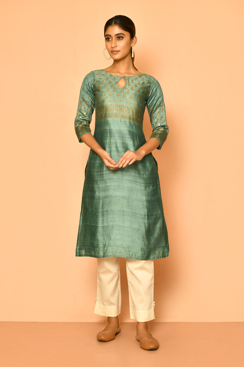 Jade hand block printed  handloom cotton silk kurta for women
