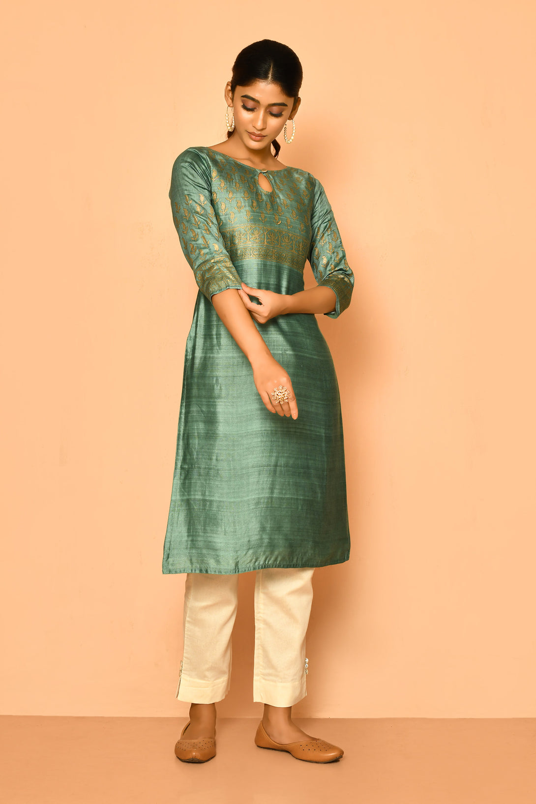jade green handcrafted designer cotton silk kurta for women