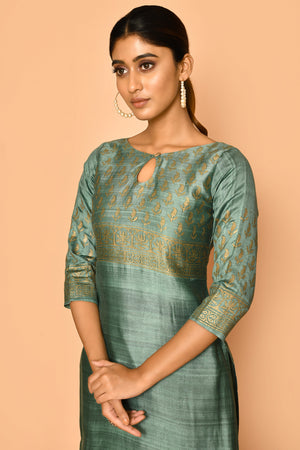 Traditional hand block printed and handloom cotton silk kurta for women