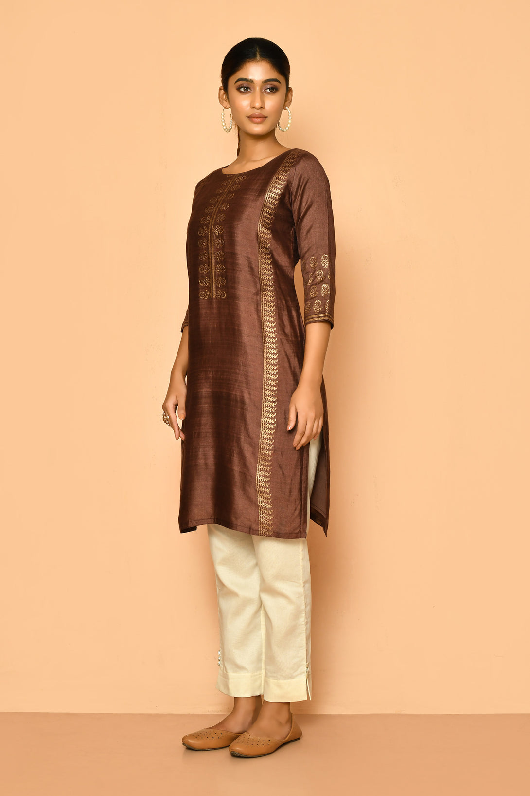 Handloom and hand block printed cotton silk straight  cut kurta for women