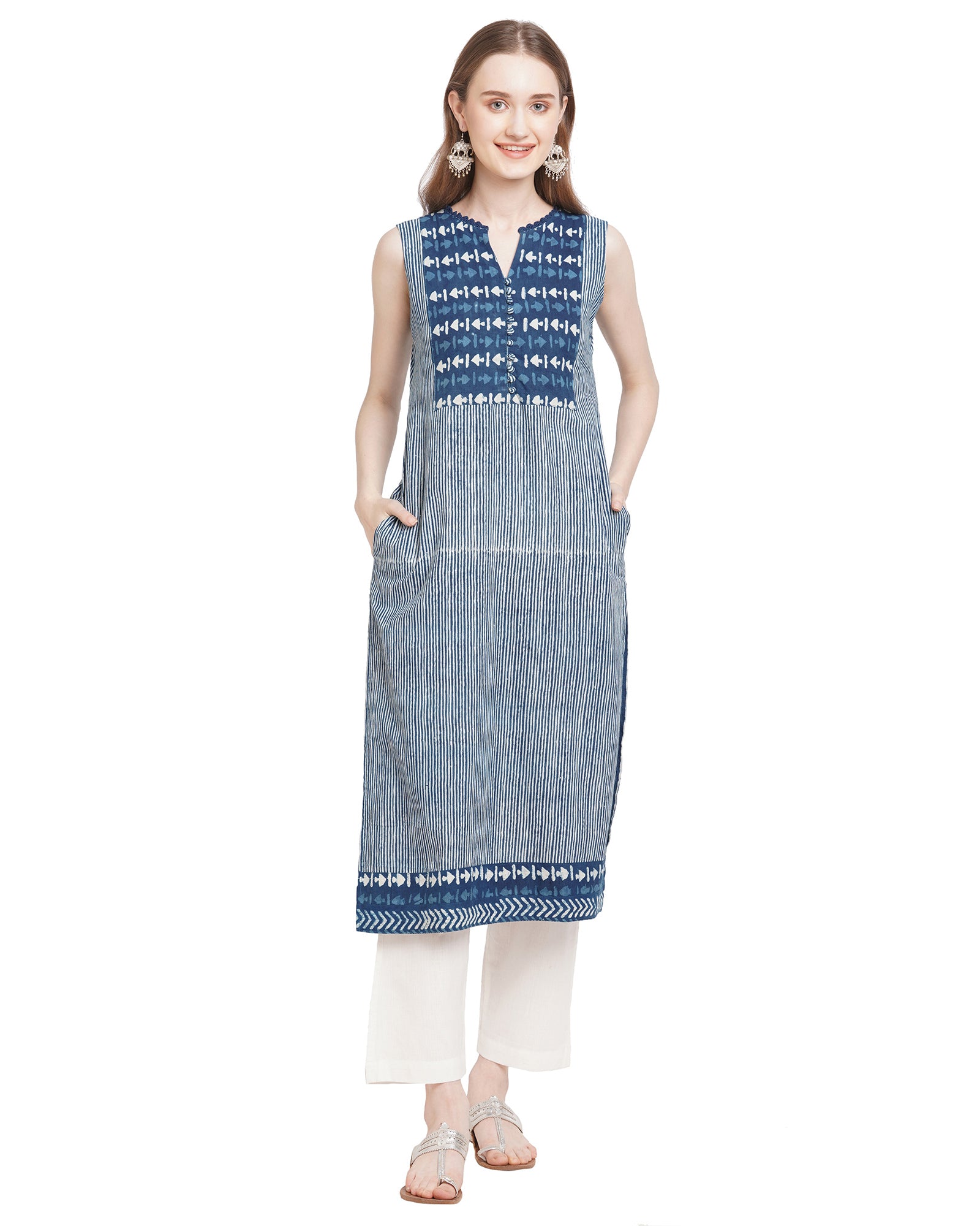 Indigo blue long cotton kurta with pockets
