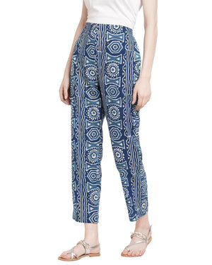 Printed cotton pants for women in indigo