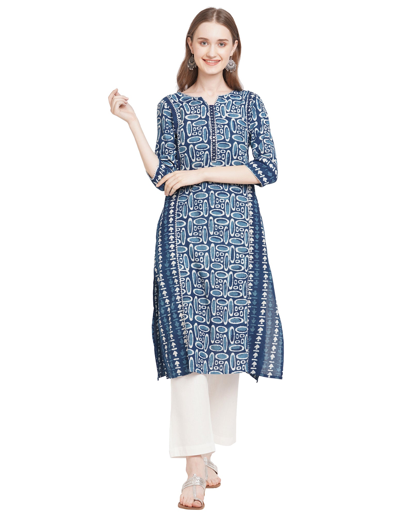 Indigo blue long cotton kurta with mirror work