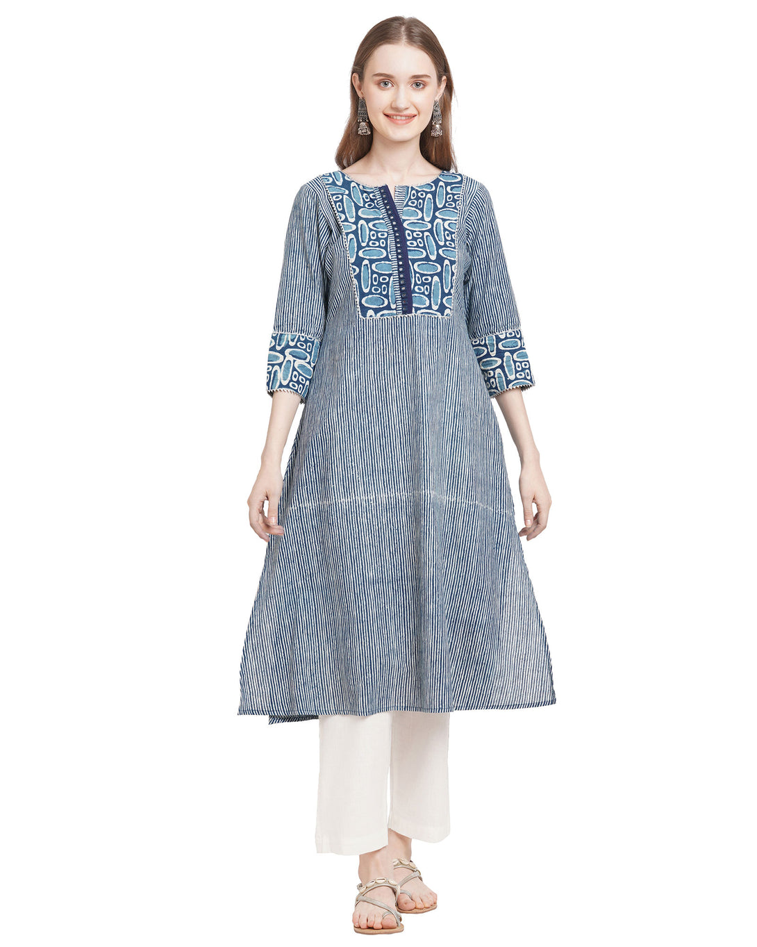 Indigo blue hand embroidered cotton kurta with pockets 