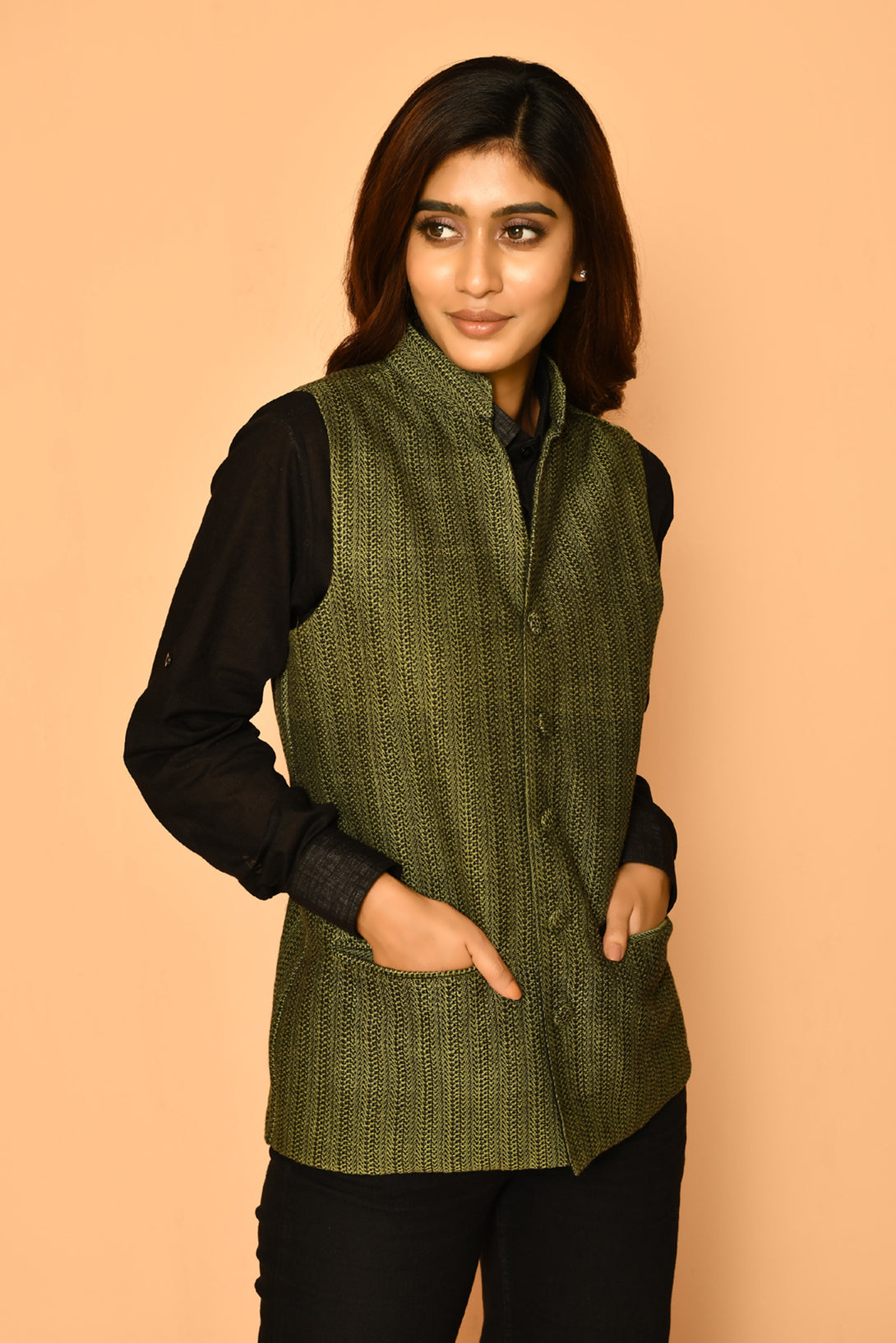 Handloom cotton Nehru jacket for women's corporate wear