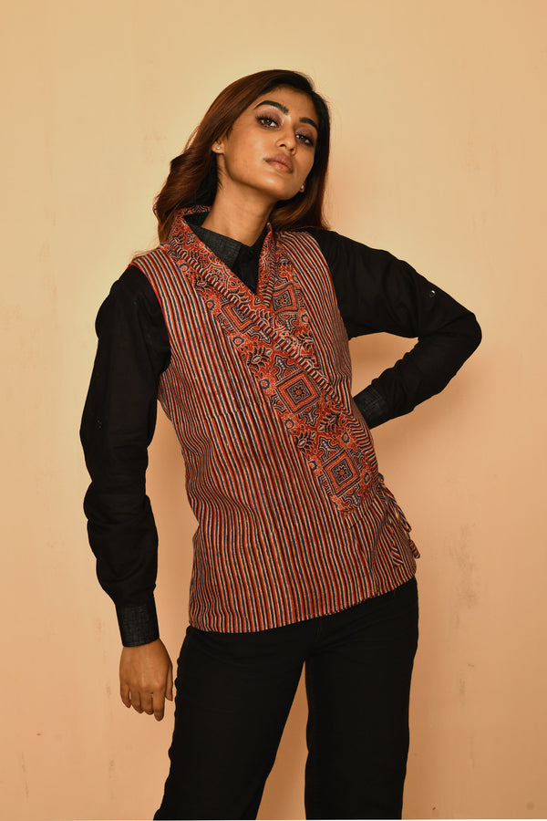 Buy best women casual work wear cotton jacket handprinted with ajrakh craft in natural dyes